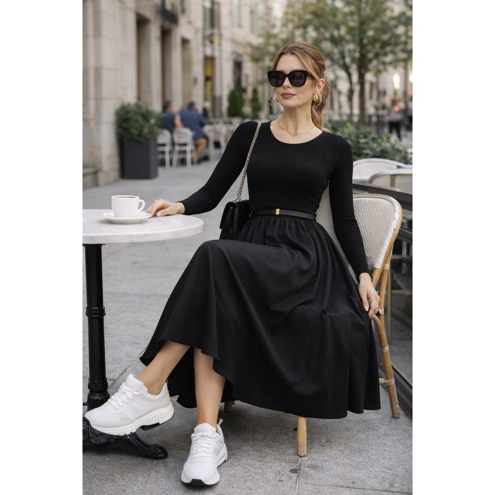 Commense Plain Belted Pleated Panel Midi Dress With Pockets‎ Long Sleeve Black S